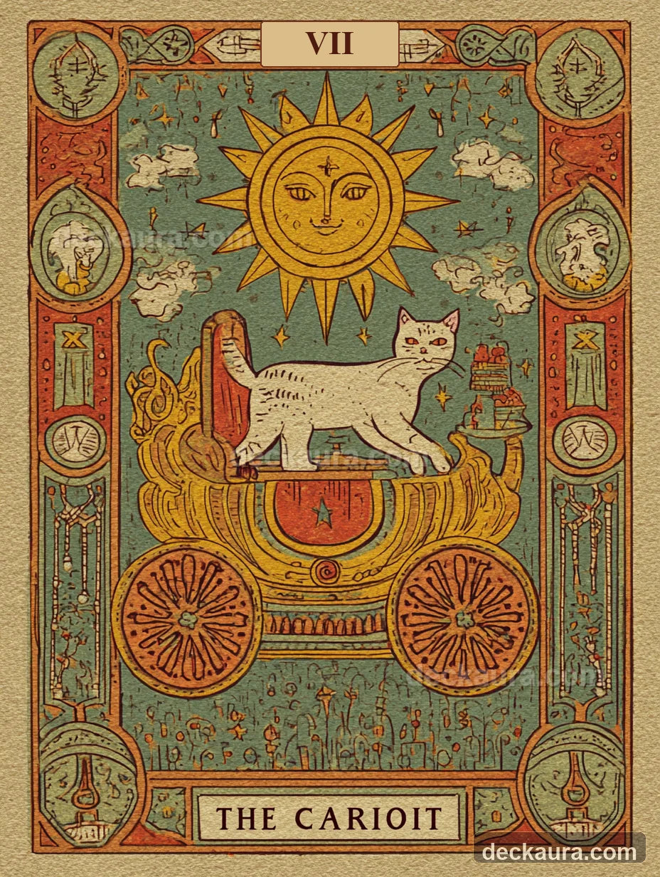 A white cat rides an ornate golden chariot beneath a radiant sun on The Chariot tarot card marked VII
