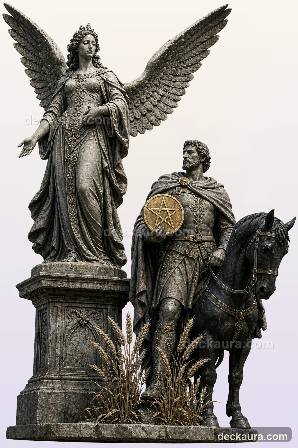 A stone Knight of Pentacles holds a golden pentacle beside a black horse and ripe wheat