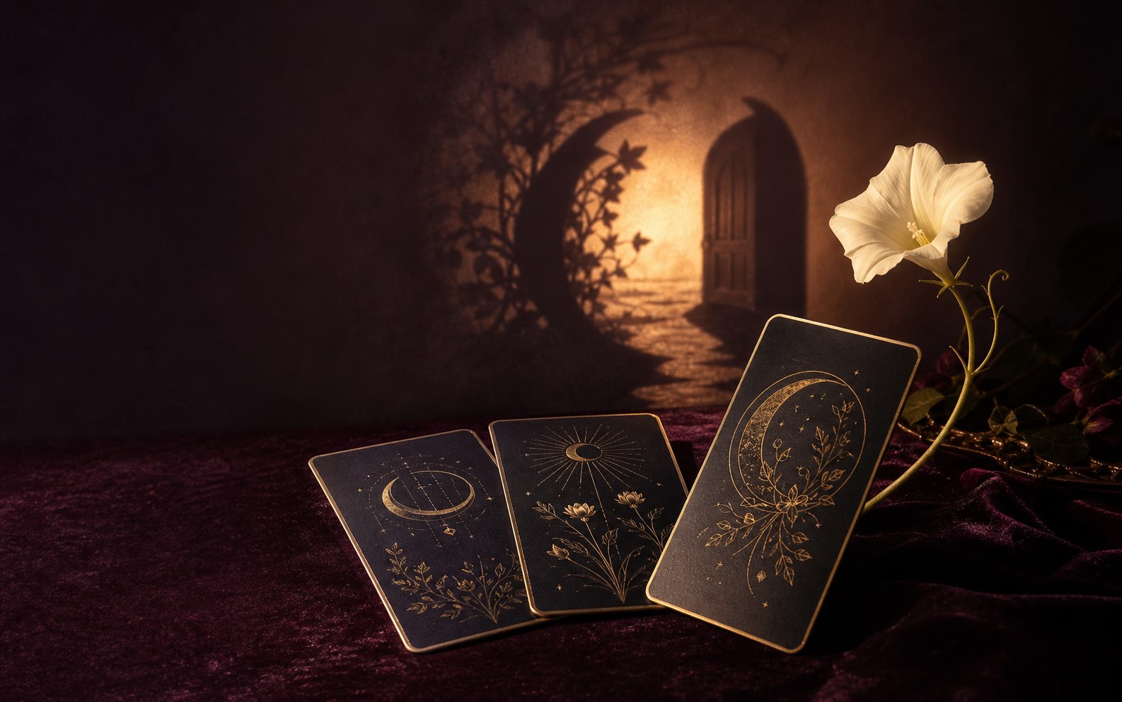 Three gold-edged tarot cards and a white moonflower casting the shadow of a luminous doorway