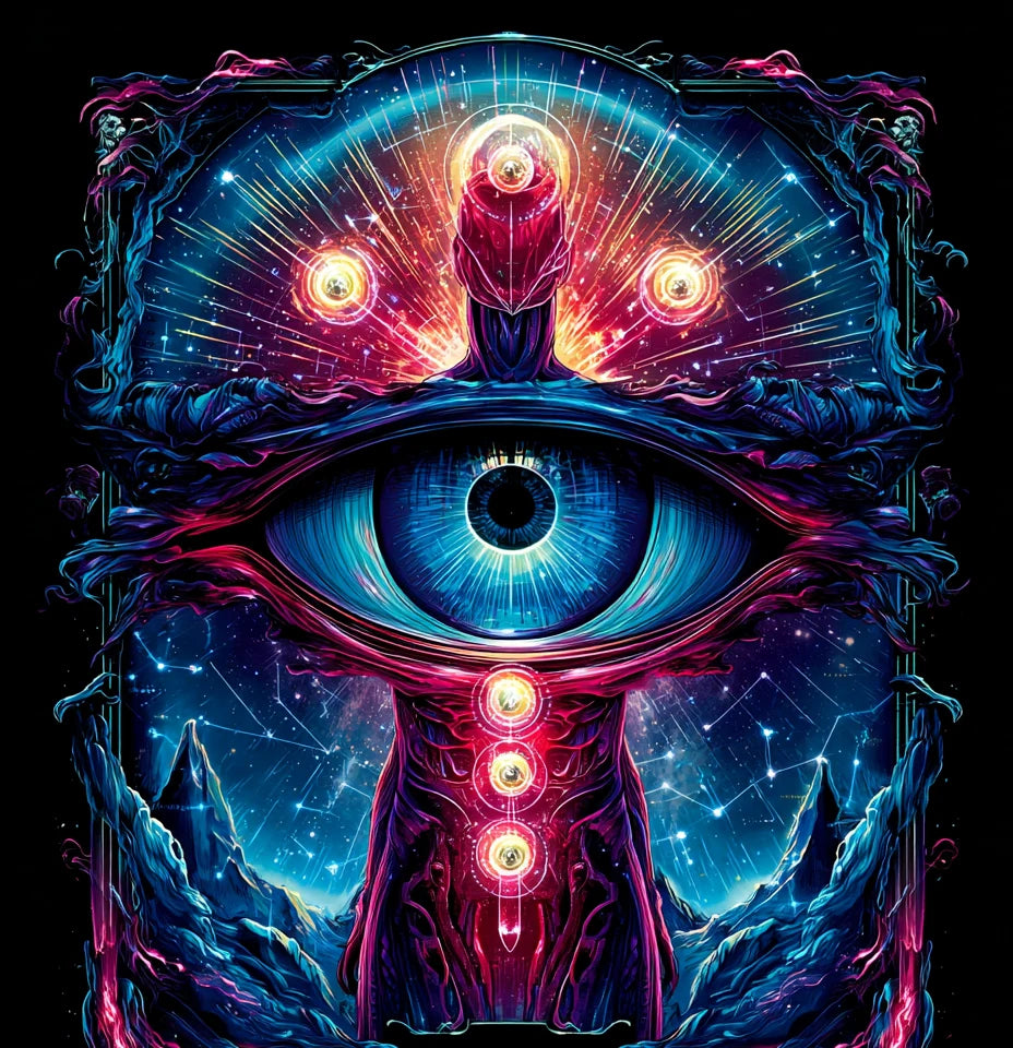 A cosmic Human Design energy figure with luminous centers and an intuitive eye