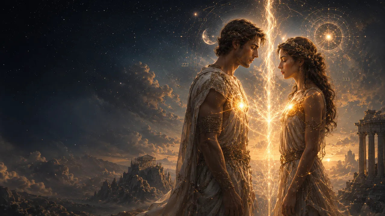 Two mirrored figures with luminous hearts separated by a single white flame