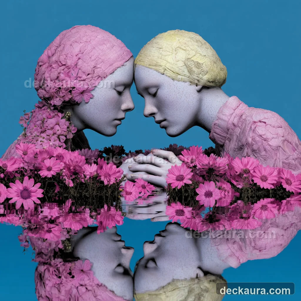 Two mirrored figures touch foreheads above pink flowers and a perfectly balanced reflection