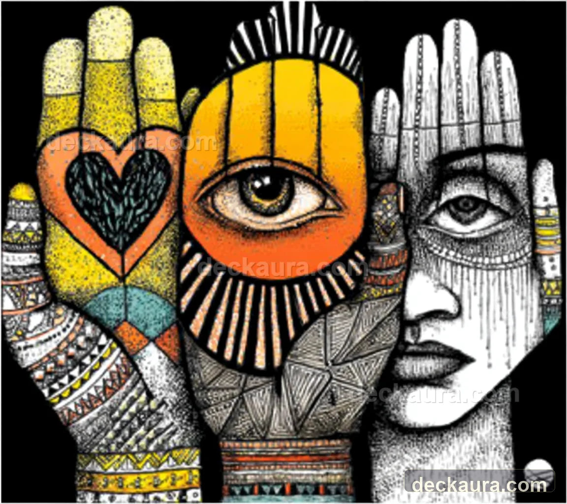 Three illustrated hands carry a heart, a radiant eye and a second watchful eye in a geometric talisman