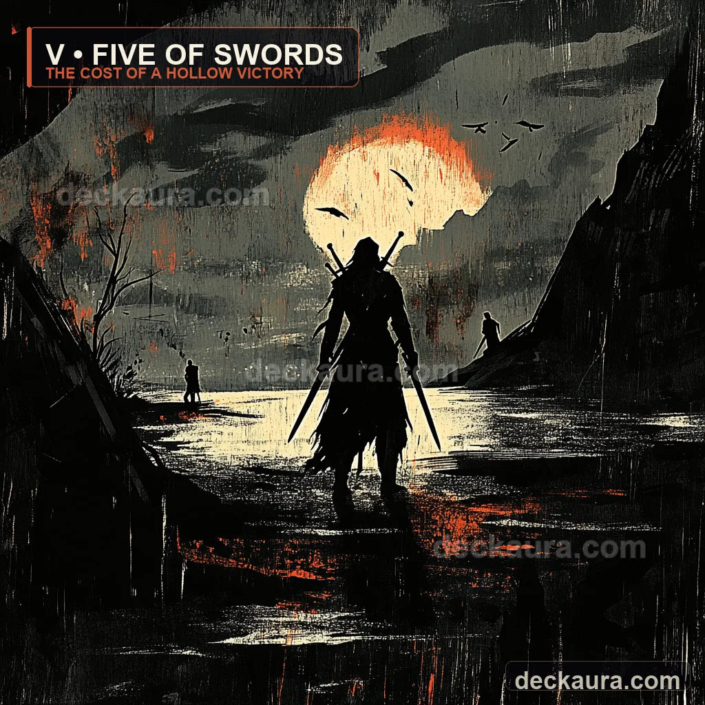 A dark Five of Swords scene shows a lone victor holding swords while two figures leave an ashen shore