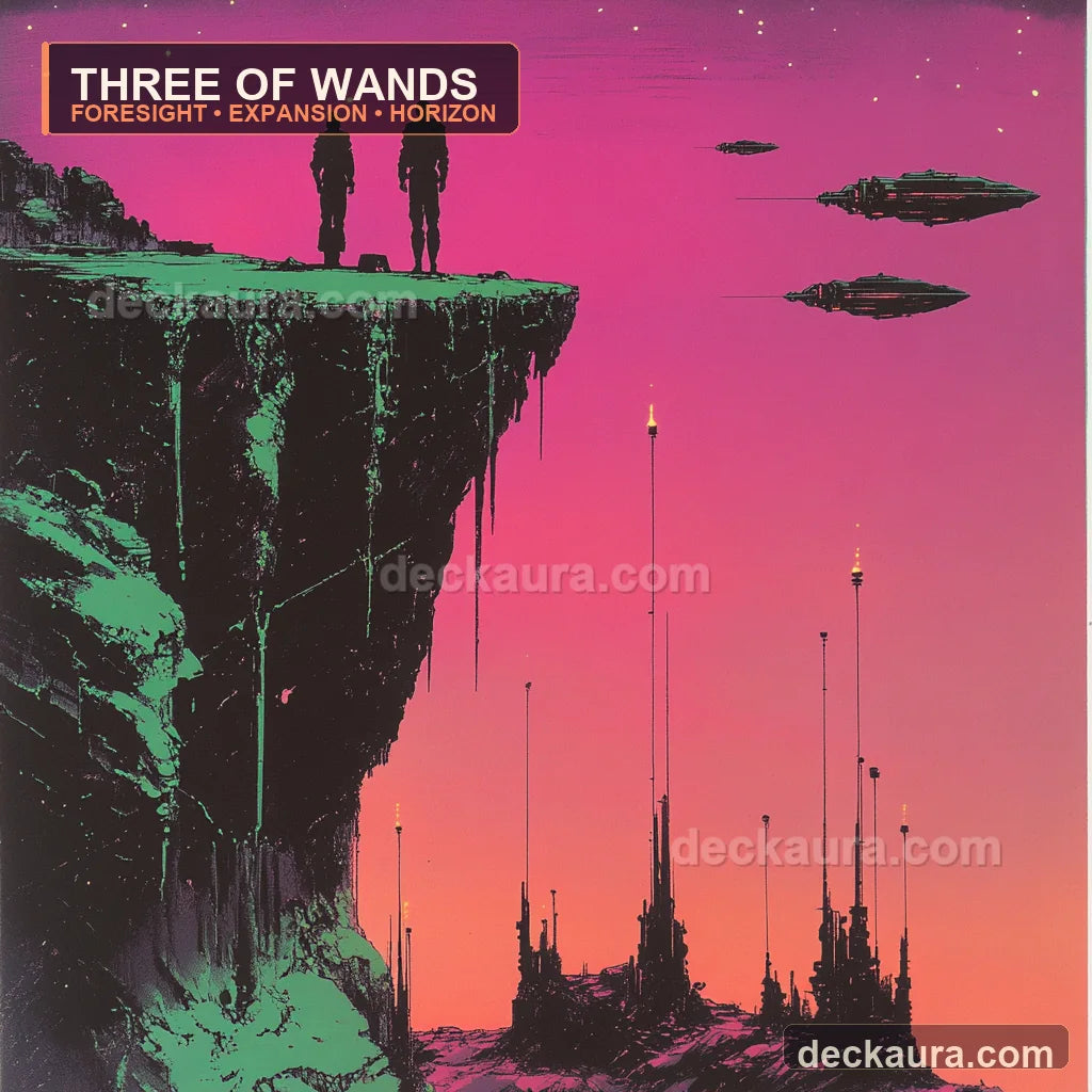 Two explorers watch distant airships cross a glowing horizon above a futuristic landscape of signal staffs