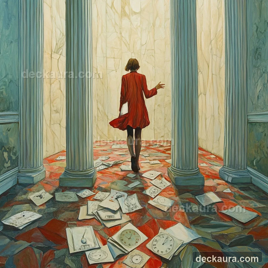 A person walking through tall pale columns across a floor scattered with papers