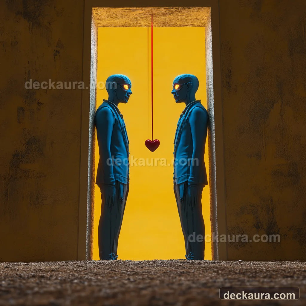 Two mirrored figures face each other across a golden doorway joined by a red heart thread
