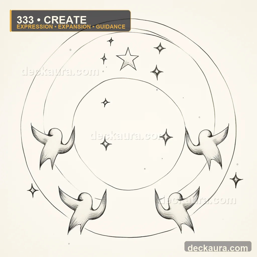 Winged creative sparks circle nested rings beneath a central star in a minimalist ink drawing