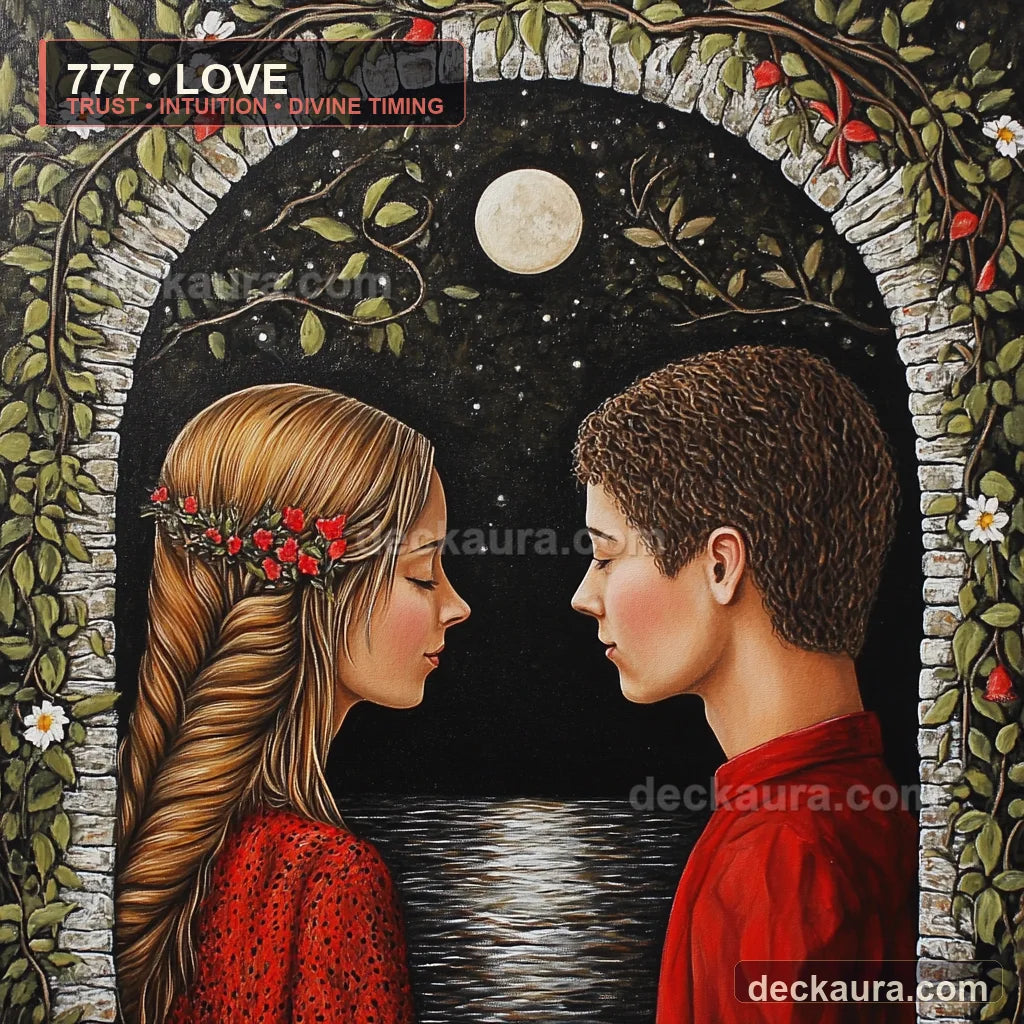 Two soulmates face each other beneath a moonlit stone arch labeled 777 Love