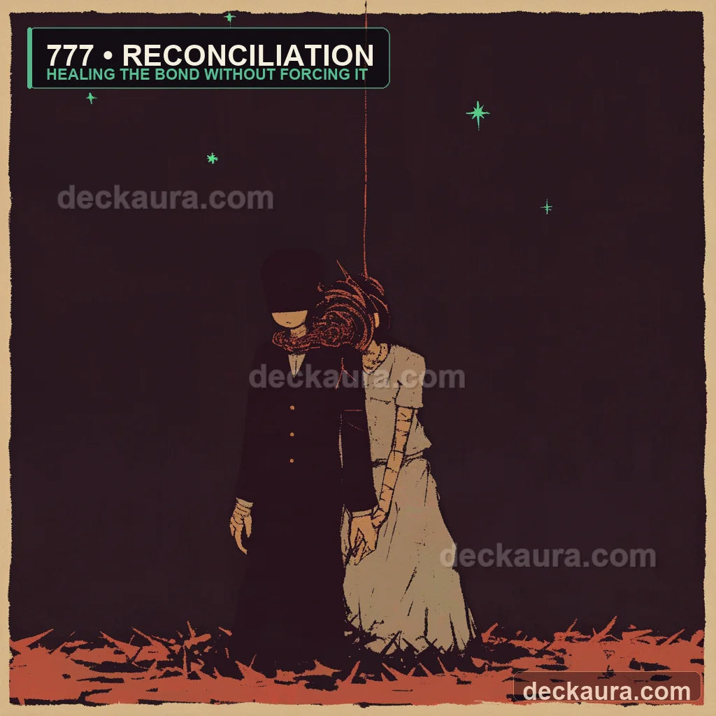 A separated couple follows one red thread beneath seven green stars in a dark symbolic landscape