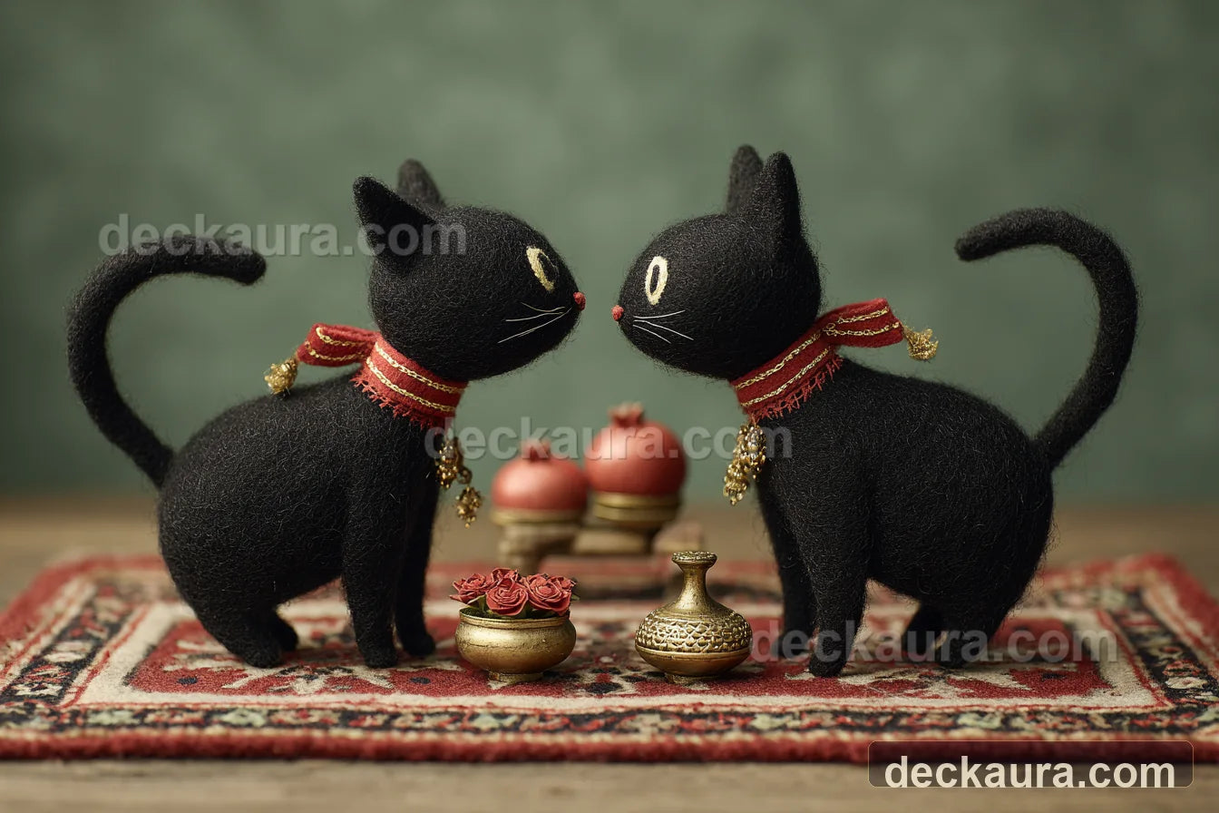 Two handcrafted black felt cats touch noses on a patterned altar with paired golden vessels and pomegranates