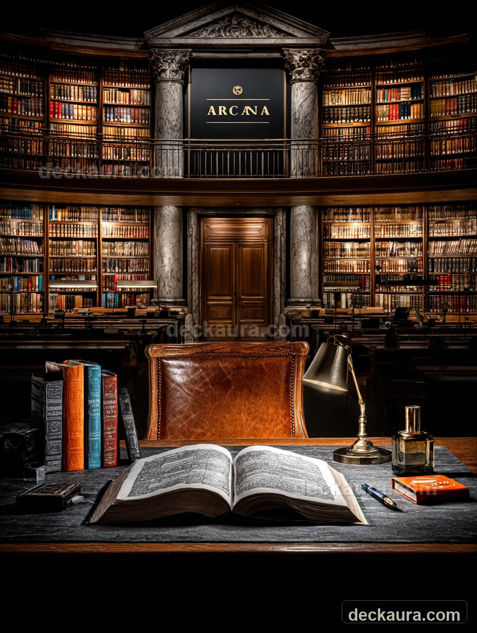An open reference book waits beneath a brass lamp inside a monumental circular library labeled Arcana