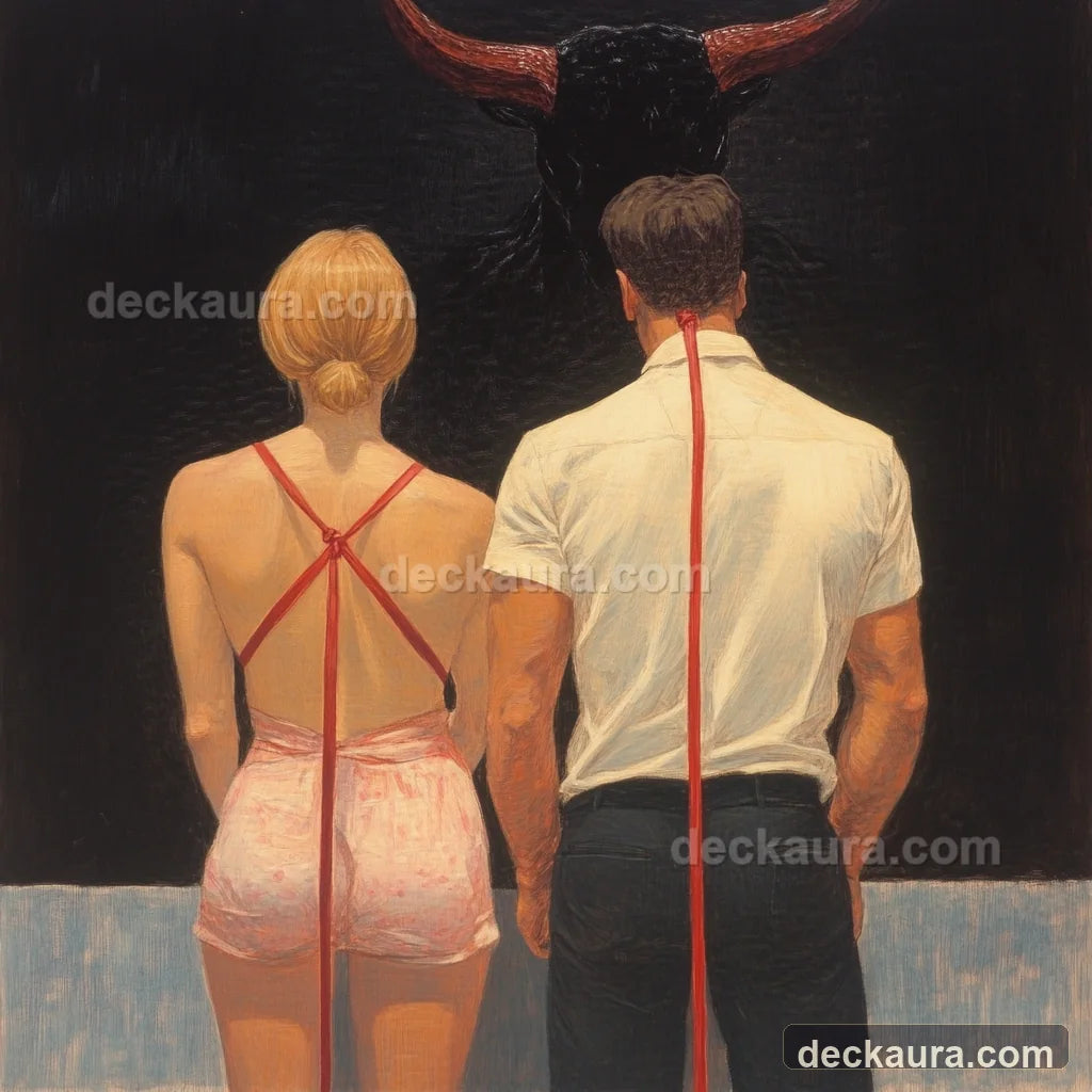A couple standing back to back bound by red cords beneath a horned shadow
