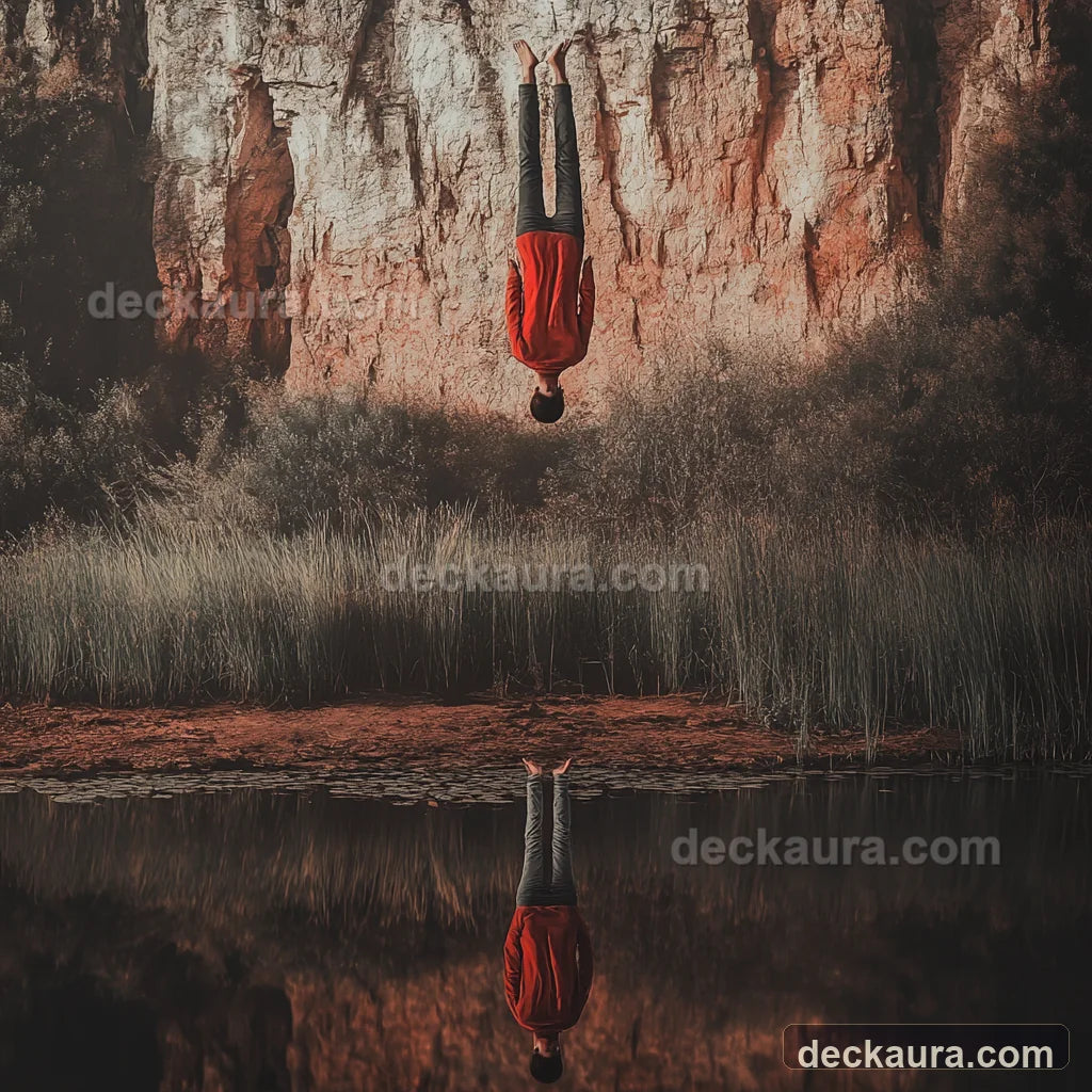 A person in red hangs calmly upside down above a still lake and an inverted reflection