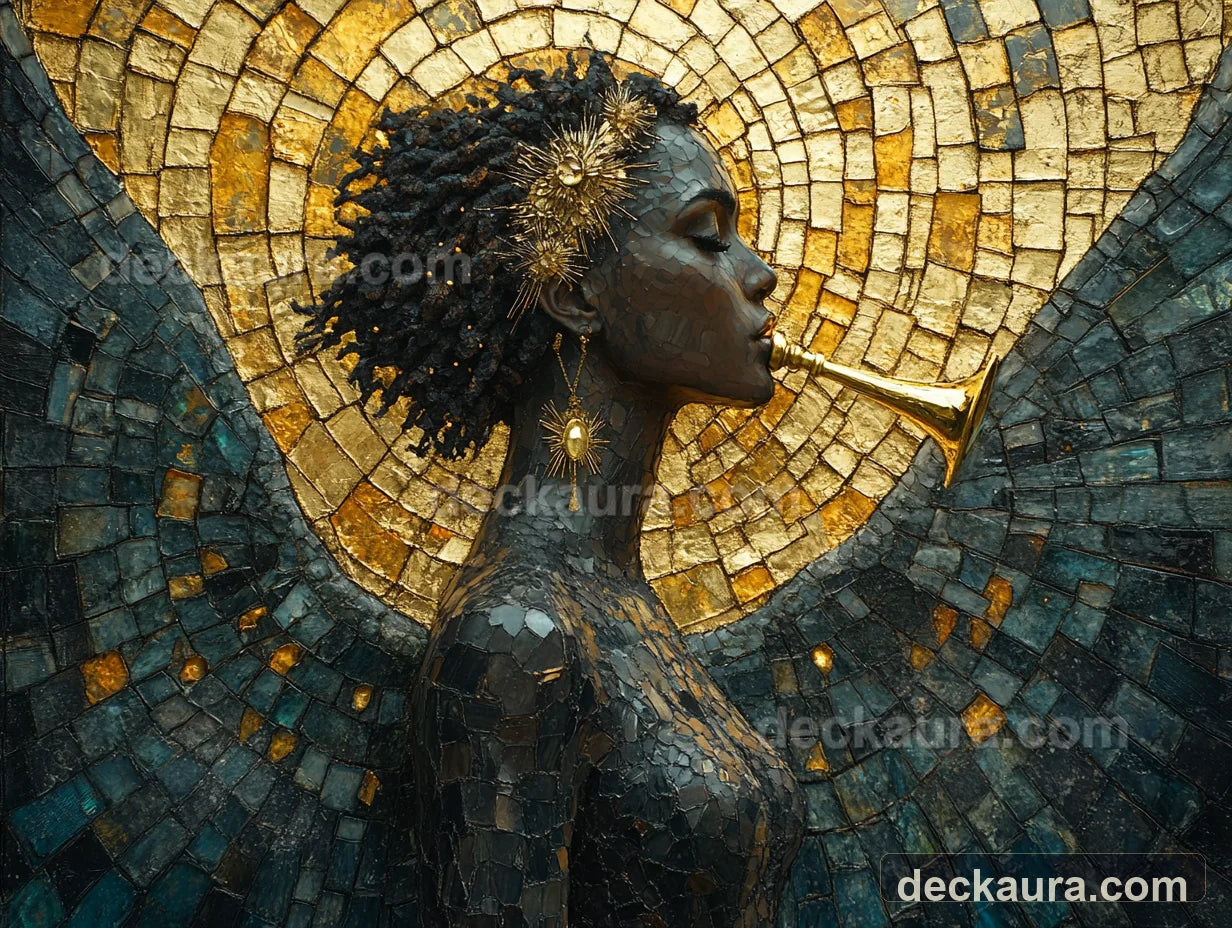 A dark celestial figure blows a golden trumpet from the center of a radiant mosaic halo