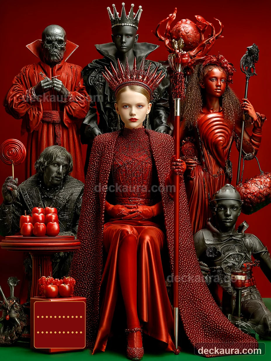 A ceremonial circle of red and black tarot archetypes surrounds a crowned central figure above a twenty-two-dot seal