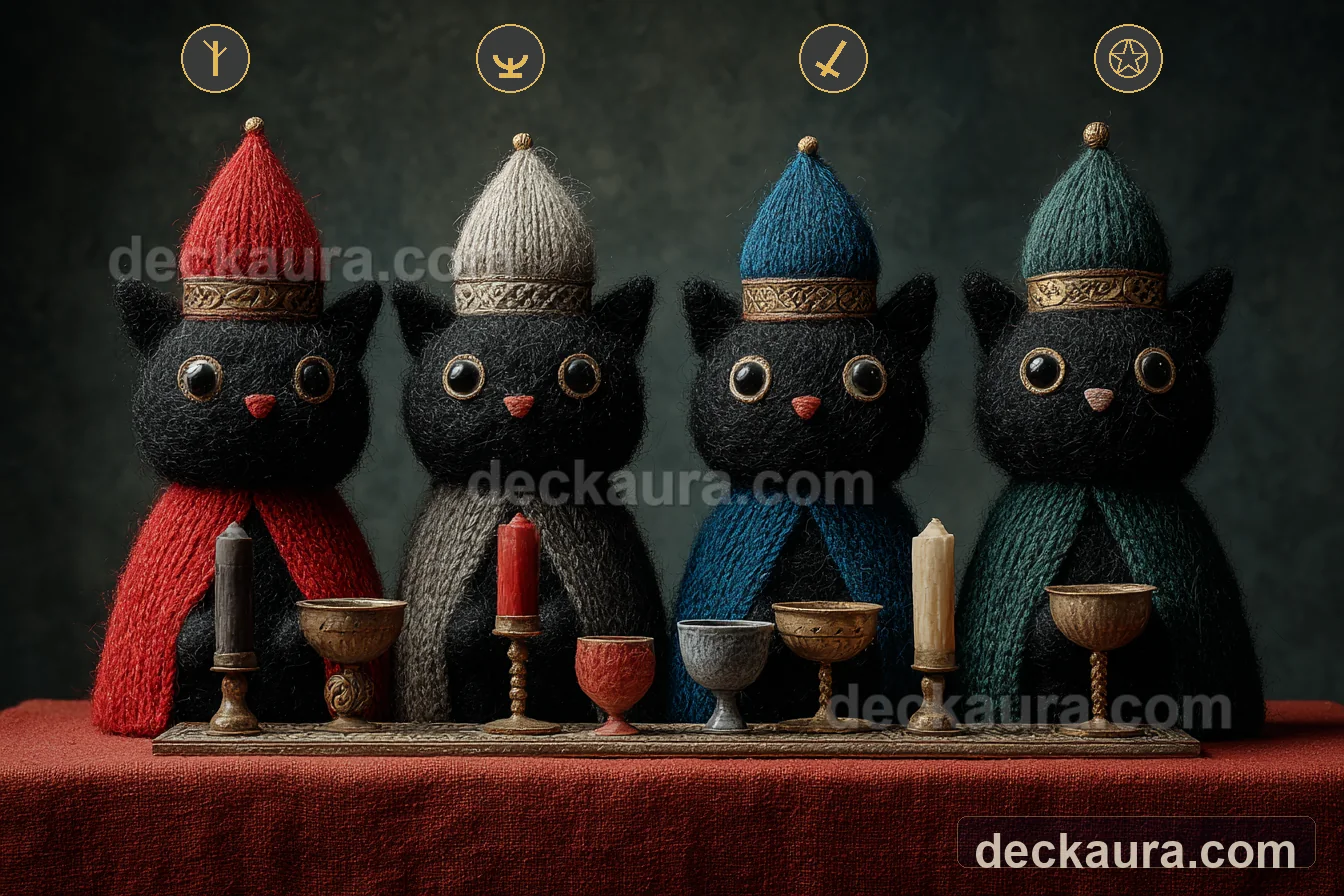 Four handcrafted black cat guardians stand beneath gold wand, cup, sword and pentacle emblems