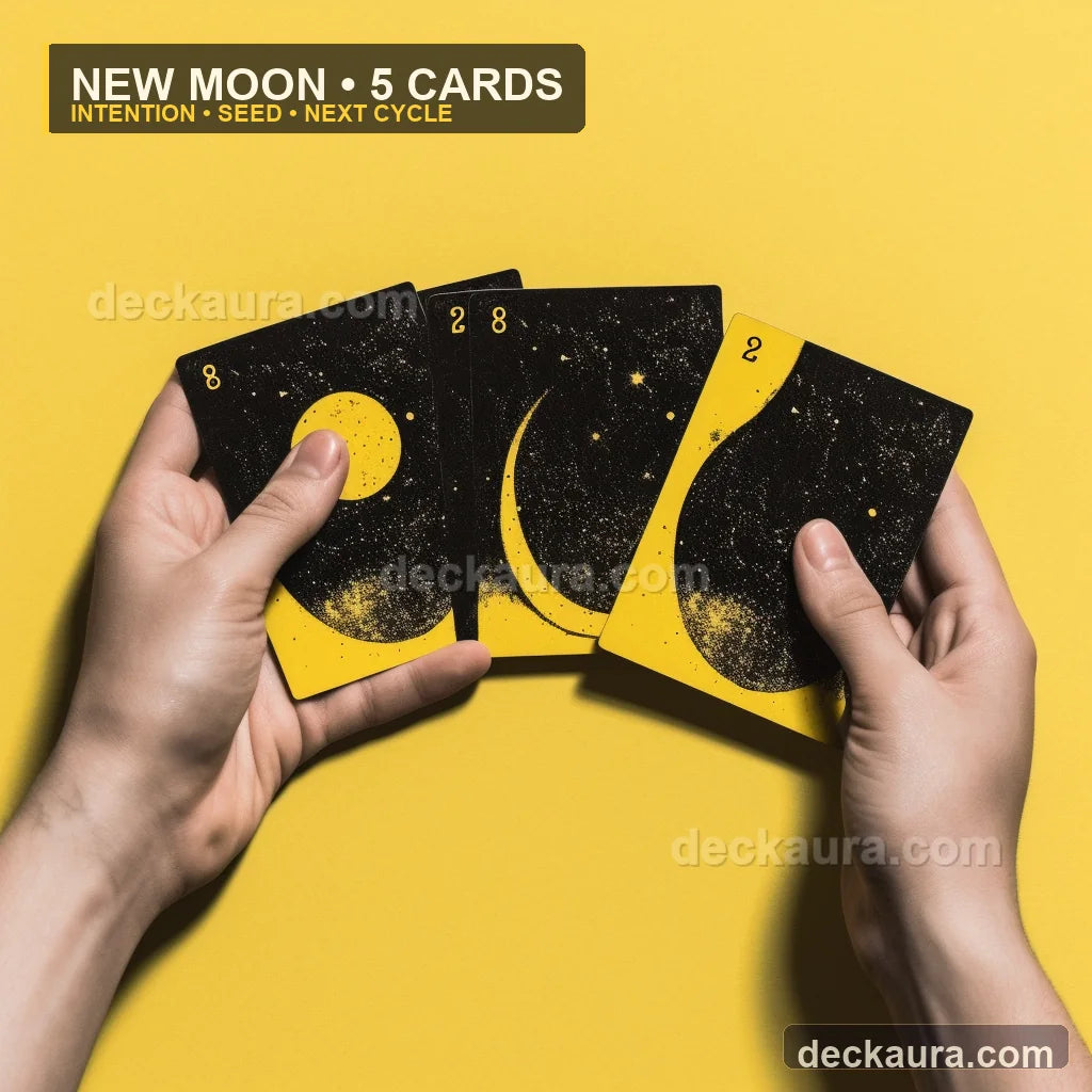 Two hands hold five black and yellow lunar tarot cards arranged like a fan