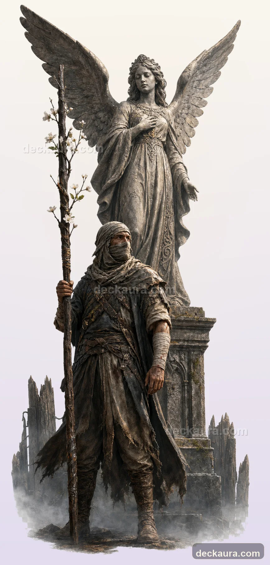 A bandaged guardian holds a flowering staff before a stone angel and weathered defensive walls