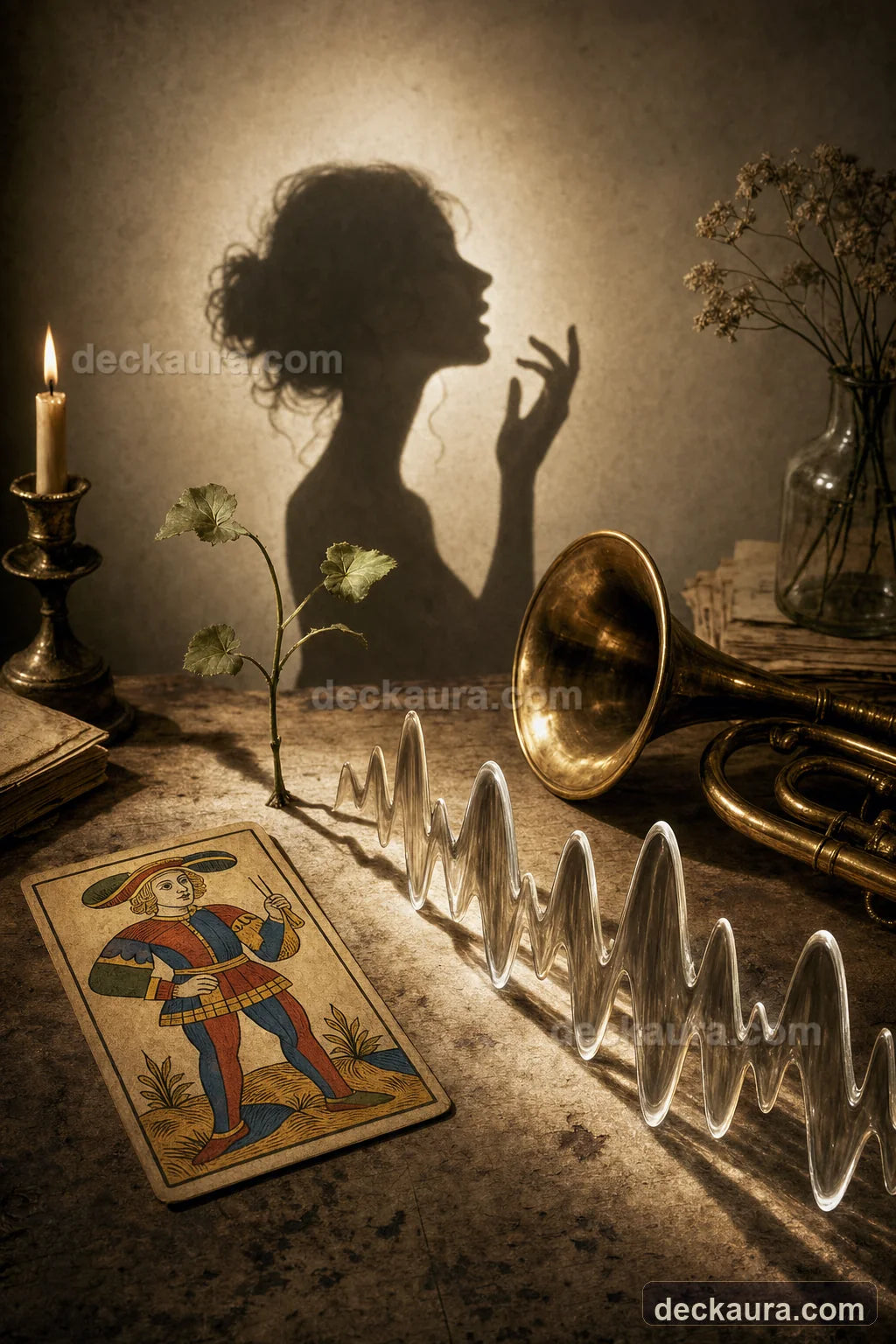 An antique tarot card, brass speaking horn and glass sound wave beneath a speaking silhouette