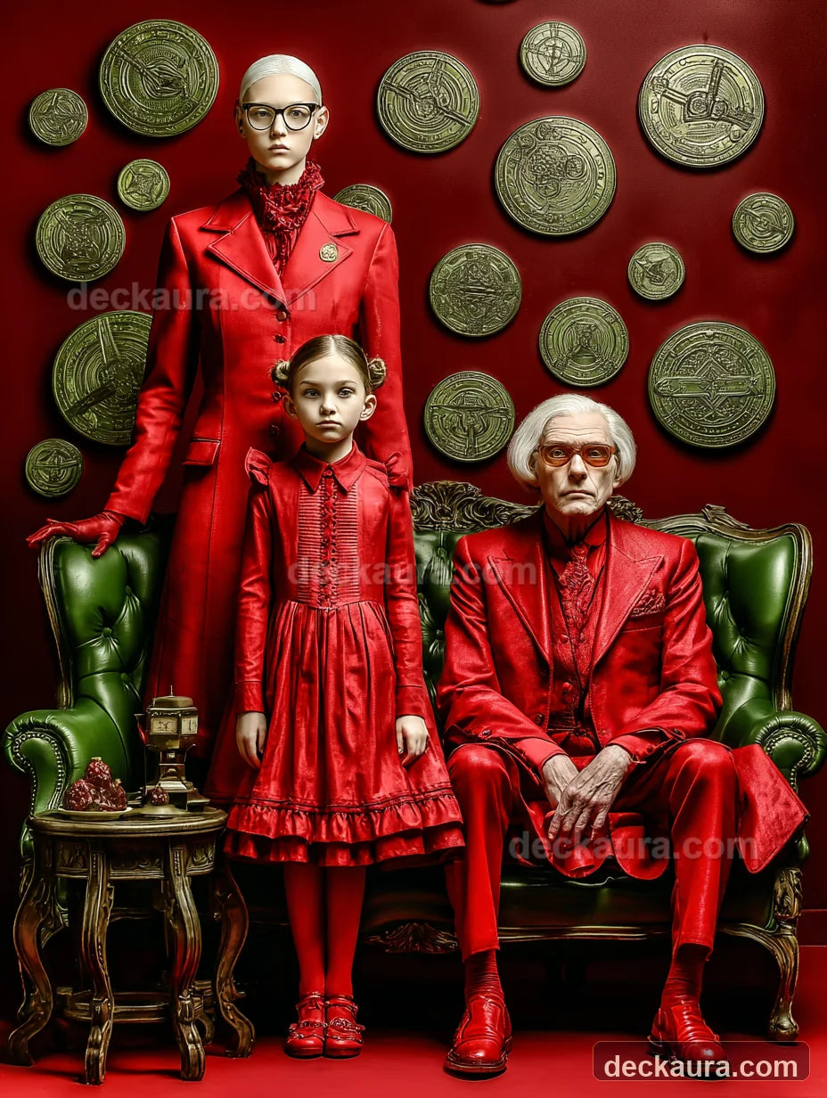 Three generations of a family in red surrounded by antique gold coins in a dark velvet room