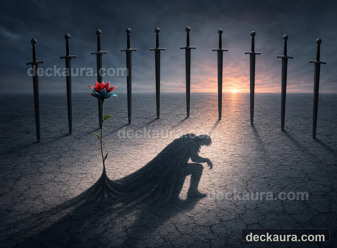 Exactly ten black swords arc across cracked earth while an exhausted shadow rises toward dawn