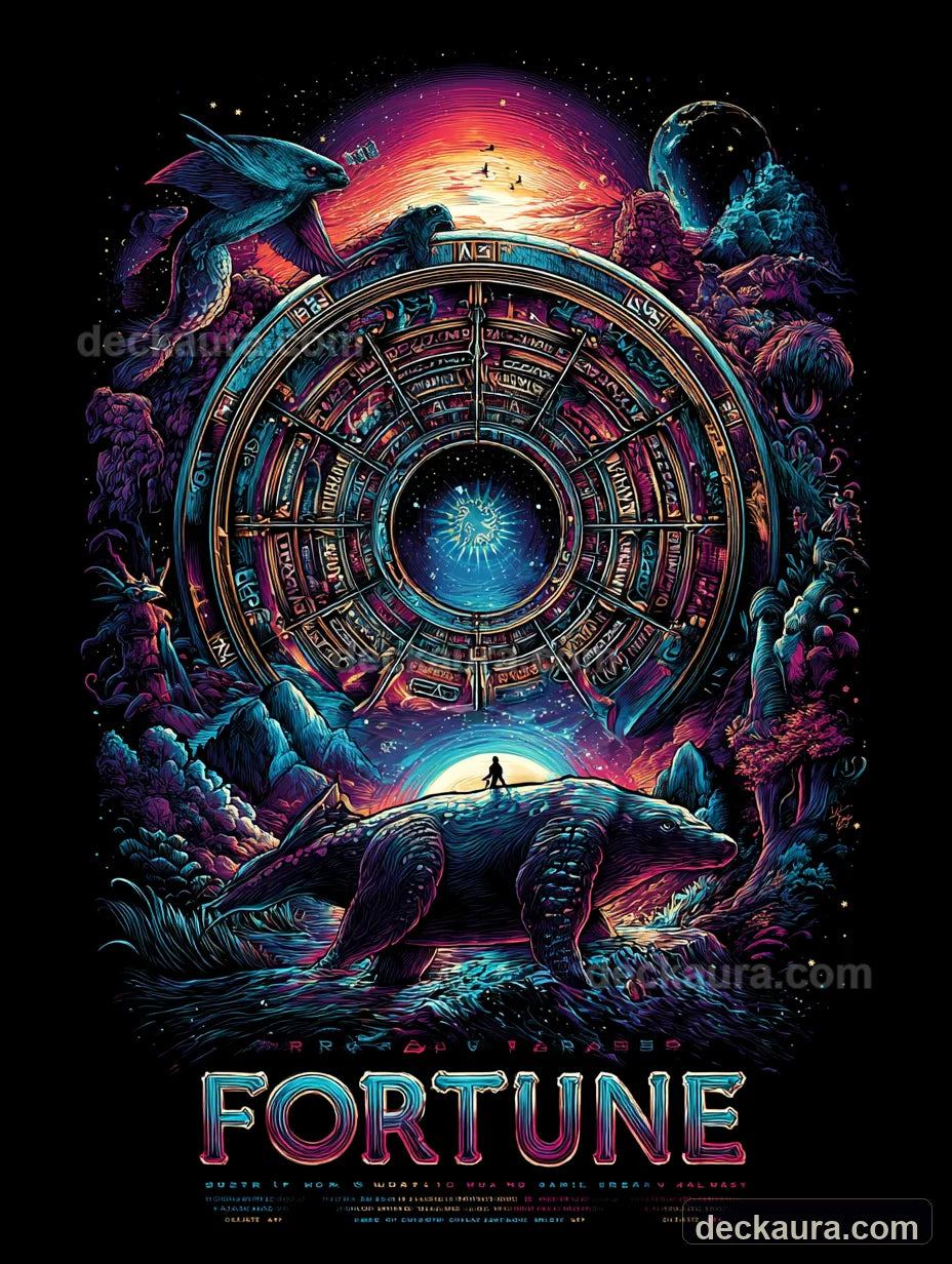 A lone observer stands below an immense neon cosmic wheel and the word FORTUNE