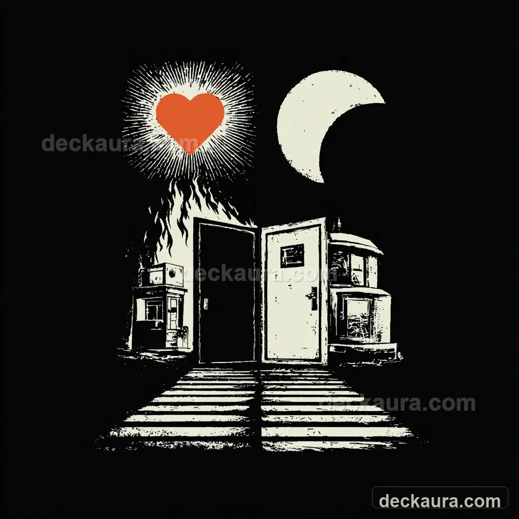 Two contrasting doors form a stark choice beneath a radiant heart and crescent moon