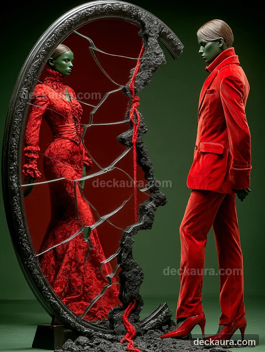 Two people face each other across a fractured black mirror joined by a single red thread