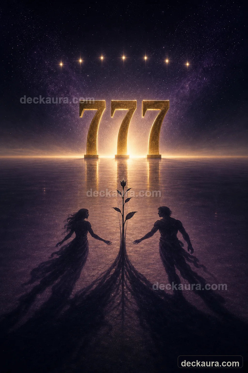 Twin silhouettes approach three monumental golden sevens beneath seven aligned stars