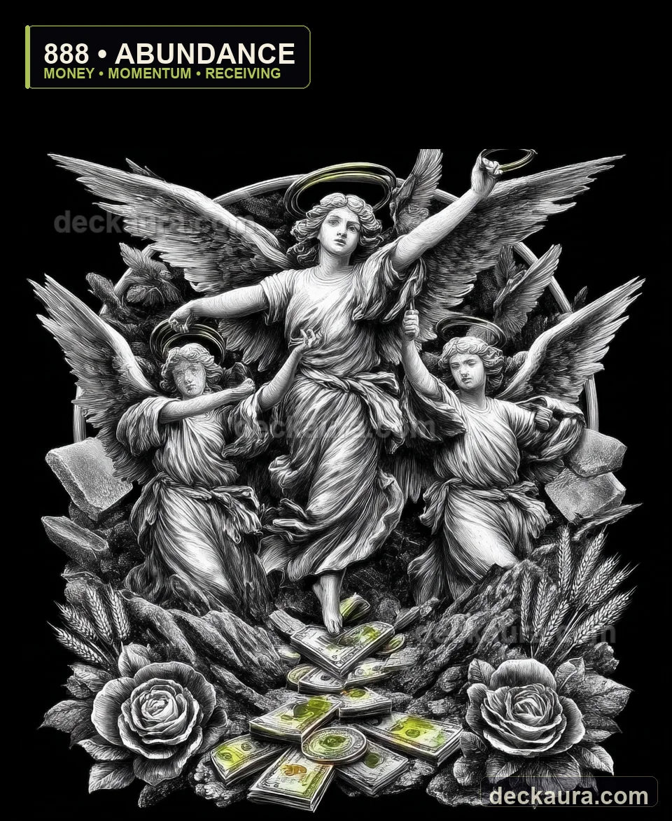 Three engraved angels rise above wheat, roses and flowing money beneath an 888 abundance label