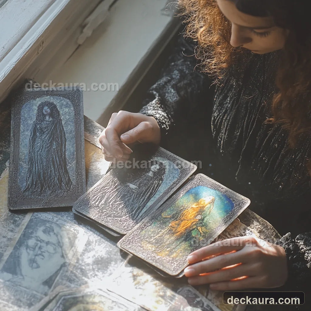 A tarot reader studies one luminous clarifying card beside a darker spread in warm window light