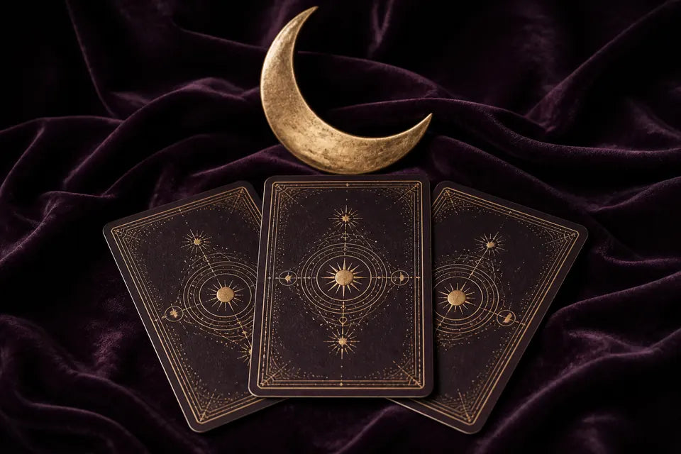 Three gold-embossed tarot card backs beneath a brass crescent moon on deep purple velvet