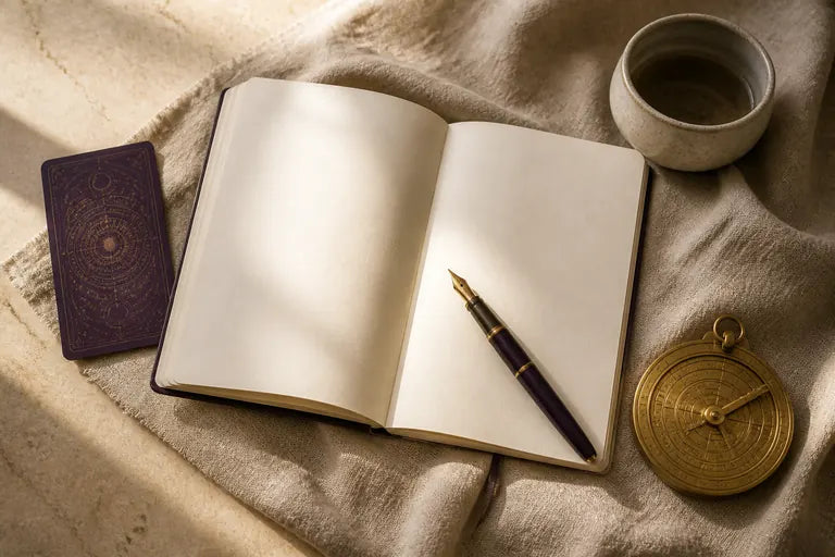 Blank journal, fountain pen, tarot card and brass astrology instrument arranged on natural linen