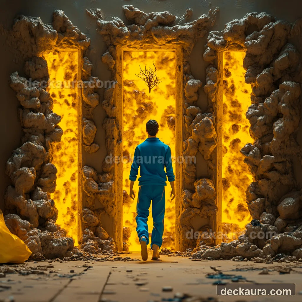A person walks deliberately through the center of three luminous golden doorways