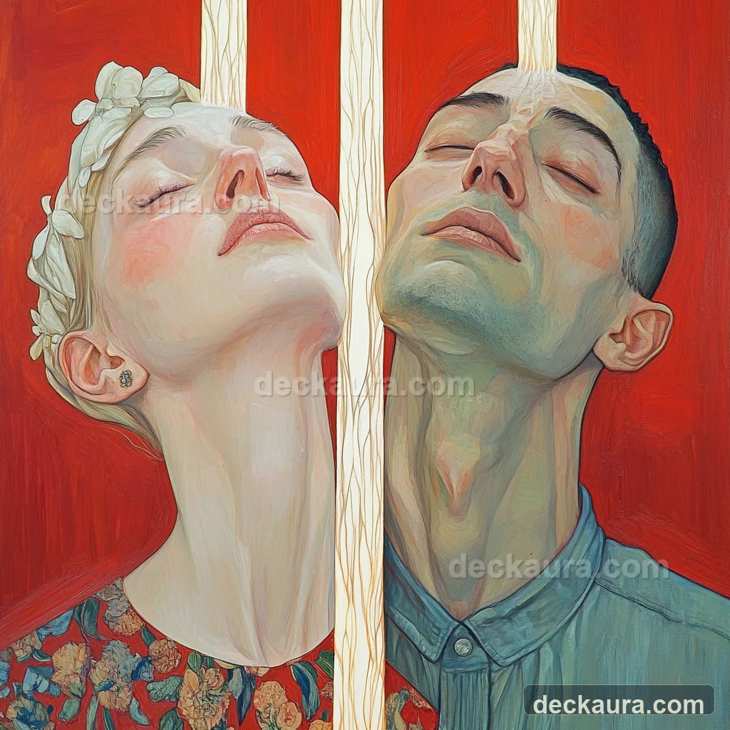Two people rest beside three vertical columns of warm light