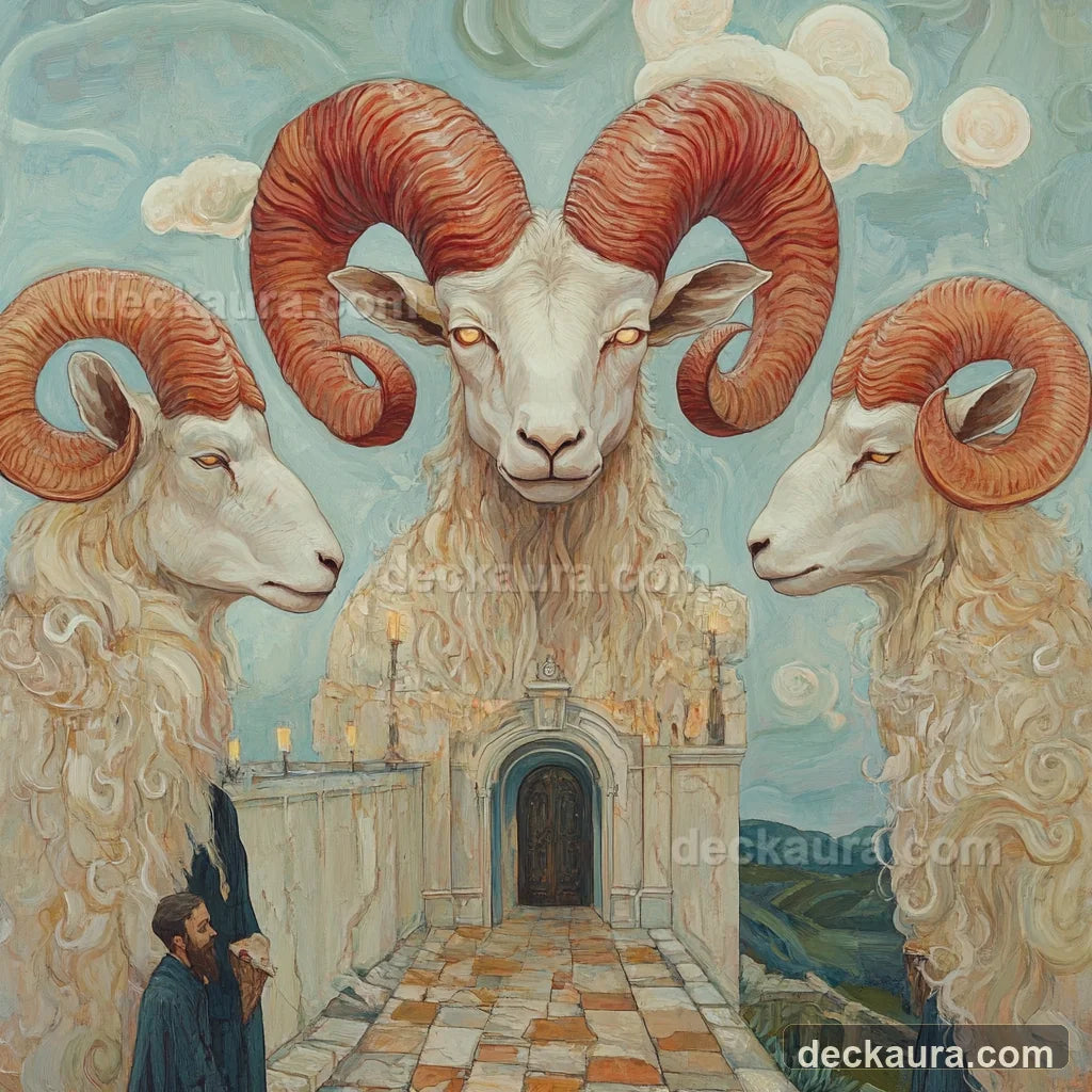 Three white rams surround a guarded doorway while a lone traveler waits at the threshold