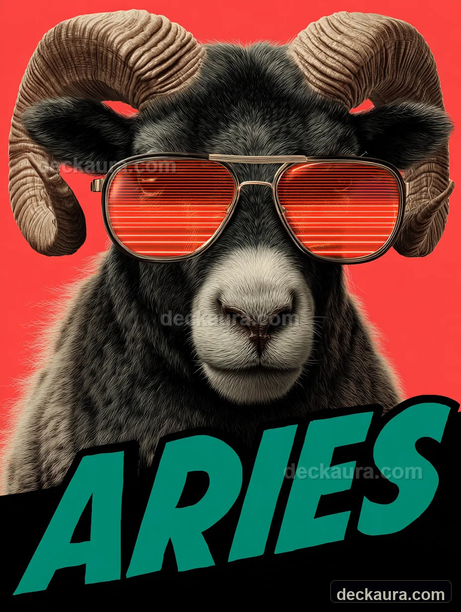 A confident black Aries ram wears glowing red sunglasses above bold green Aries lettering