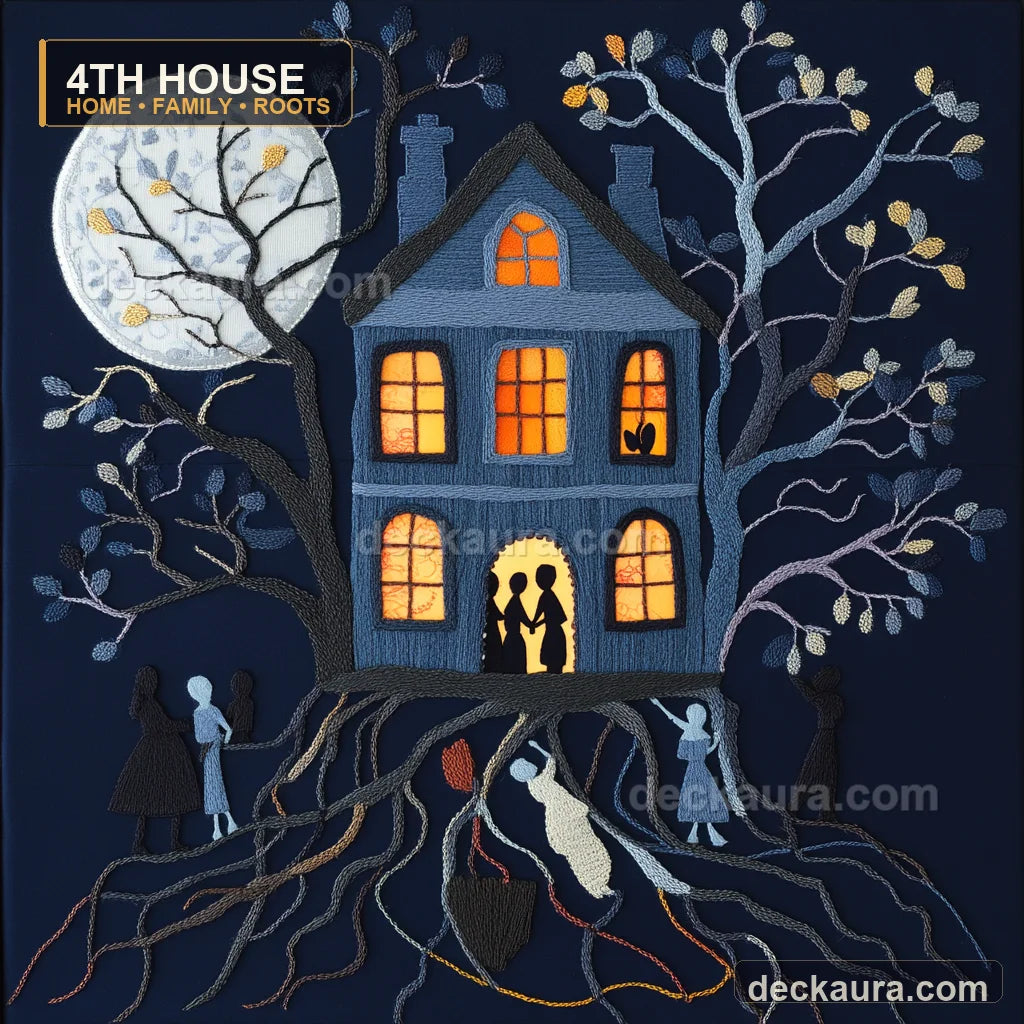 A felt-embroidered ancestral home glows above deep roots and generations of family silhouettes