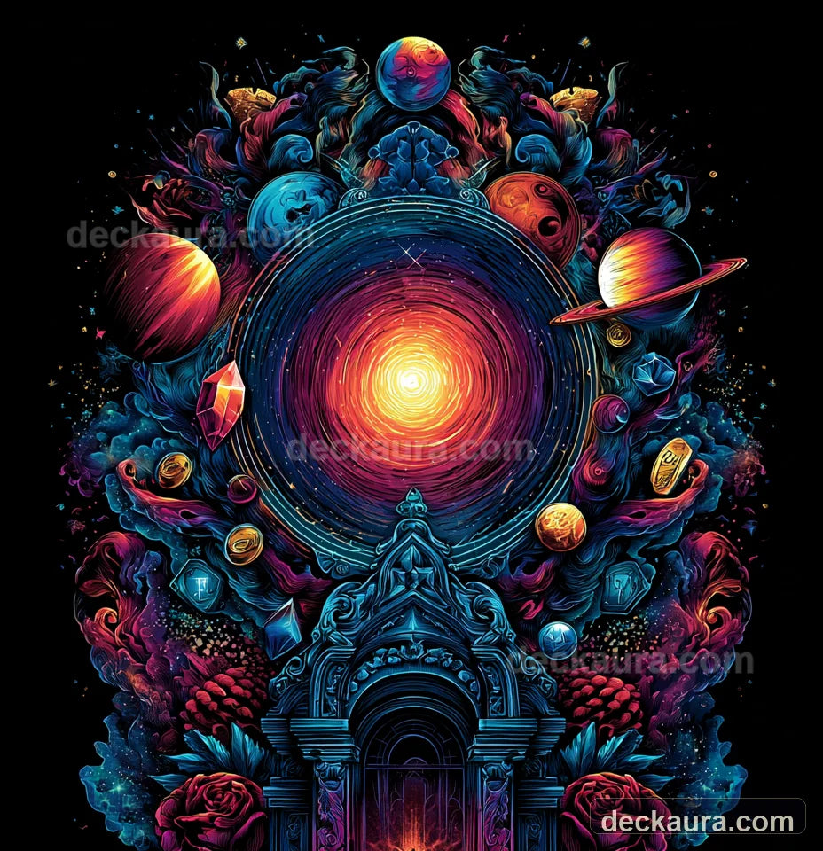 A neon astrological vault surrounded by orbiting planets, coins, gemstones and roses