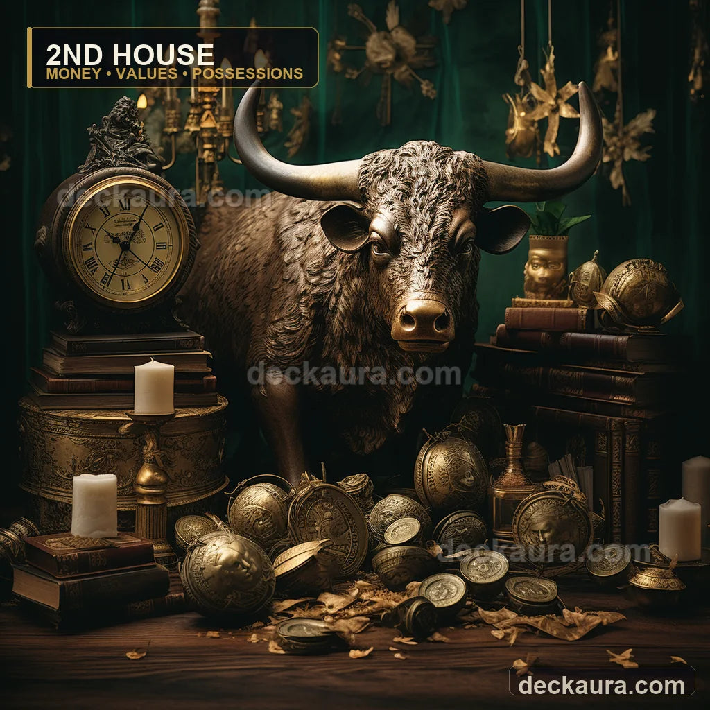 A monumental Taurus bull stands among antique coins, heirlooms, books and timepieces