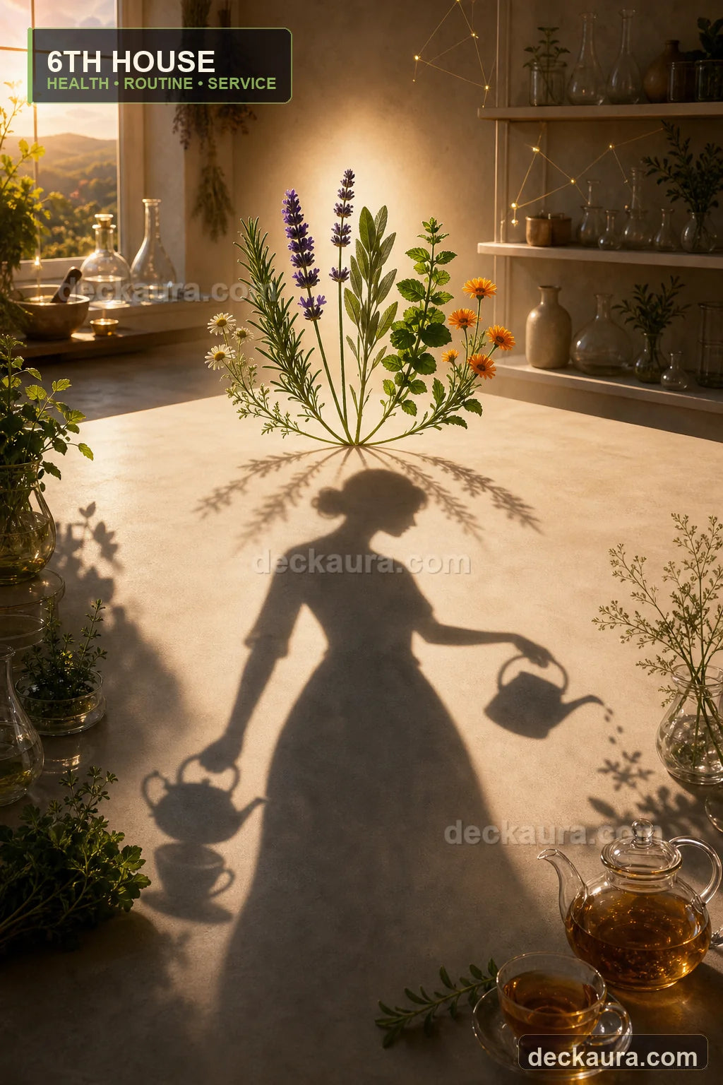 Six medicinal herbs rise above the shadow of a caregiver watering a daily wellness routine in a sunlit apothecary