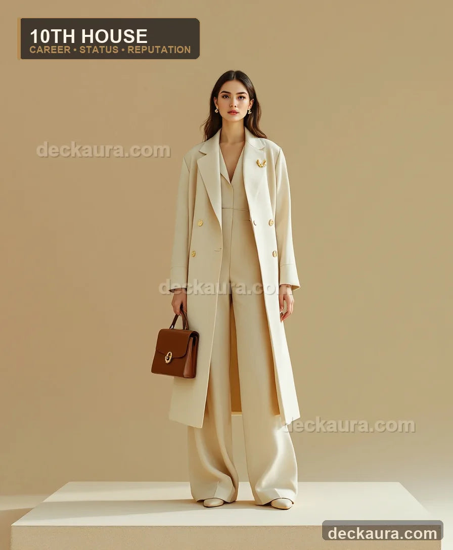 A composed professional in an ivory power suit stands on a raised plinth holding a structured leather portfolio