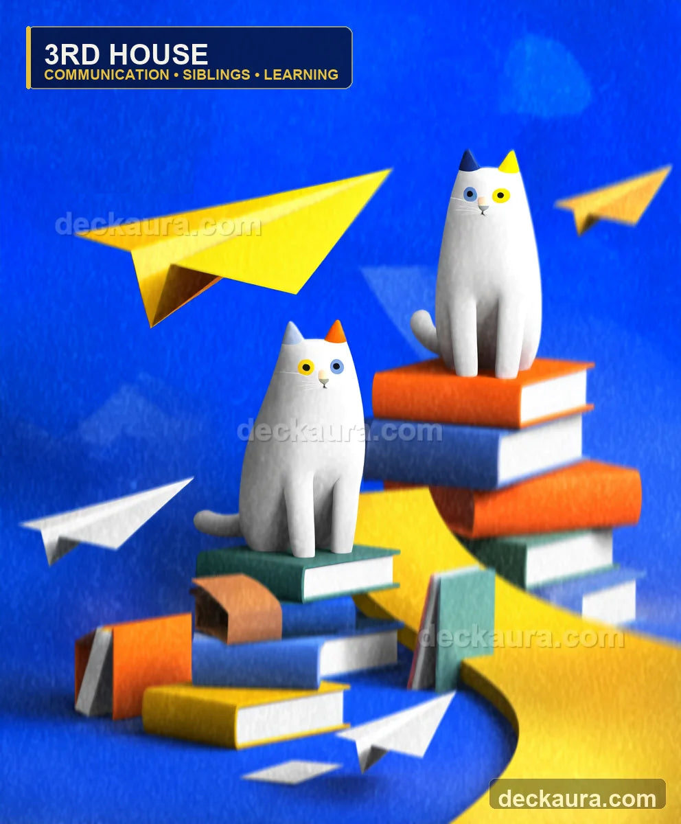 Two curious white cats sit on stacks of books while paper airplanes carry messages across a vivid blue field