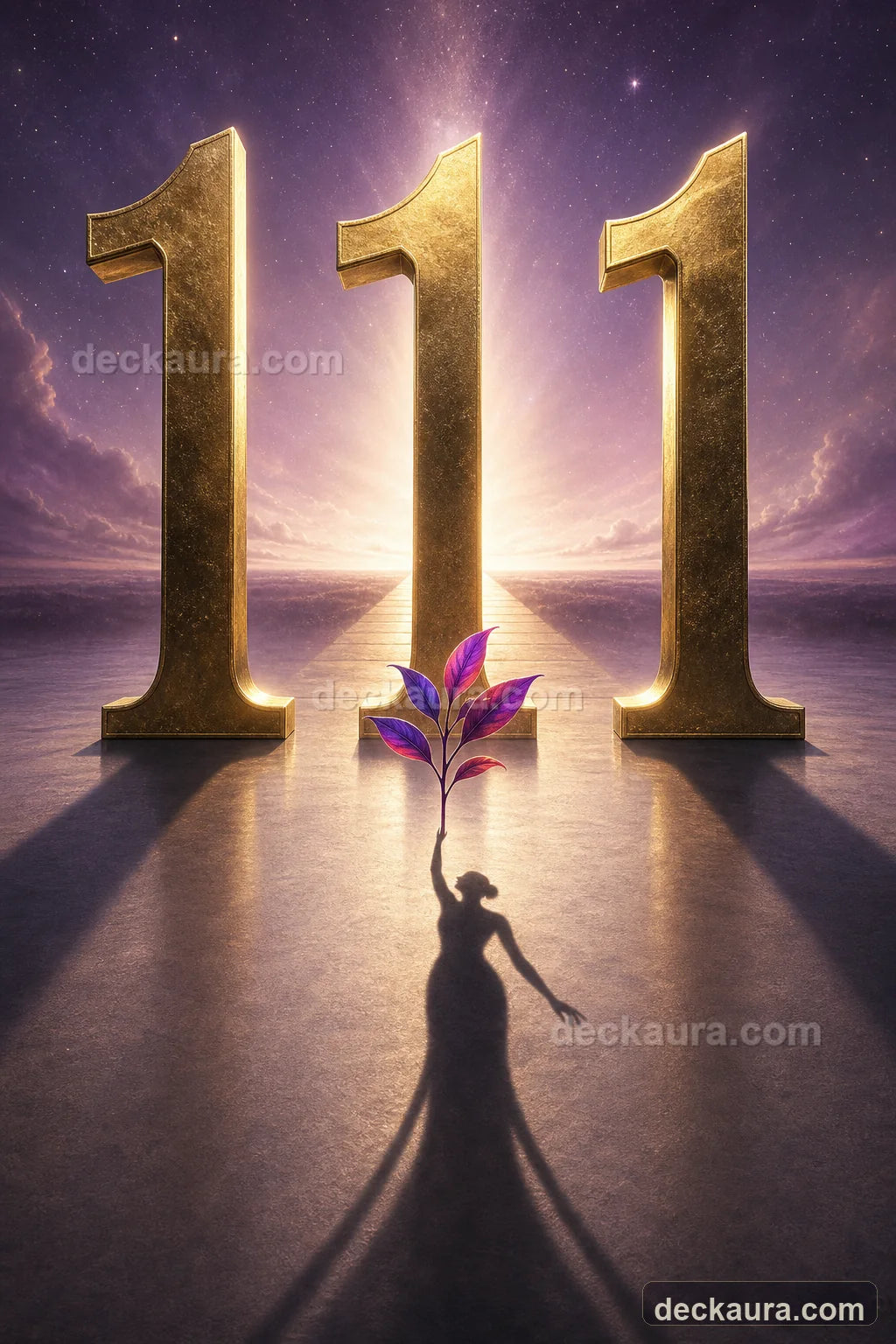 Three monumental golden number ones form a celestial path at violet sunrise