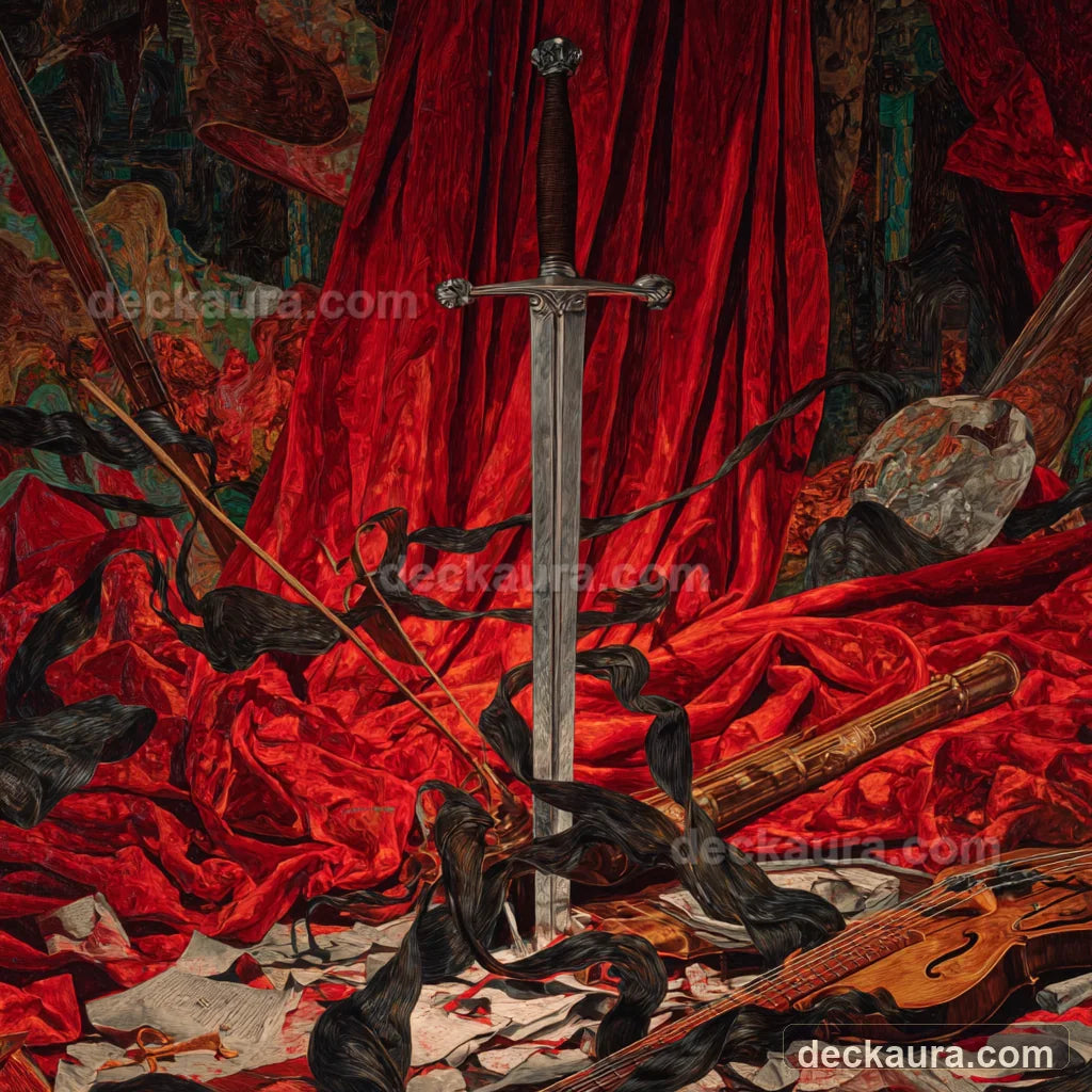 A single sword points downward among tangled black ribbons, shattered instruments and red theatrical folds