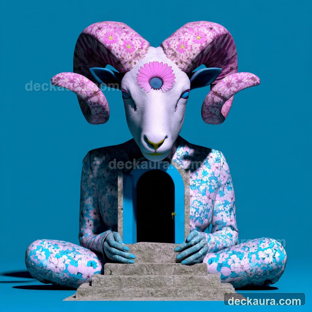 A pink-horned celestial ram seated before a black doorway for Aries in the 12th house