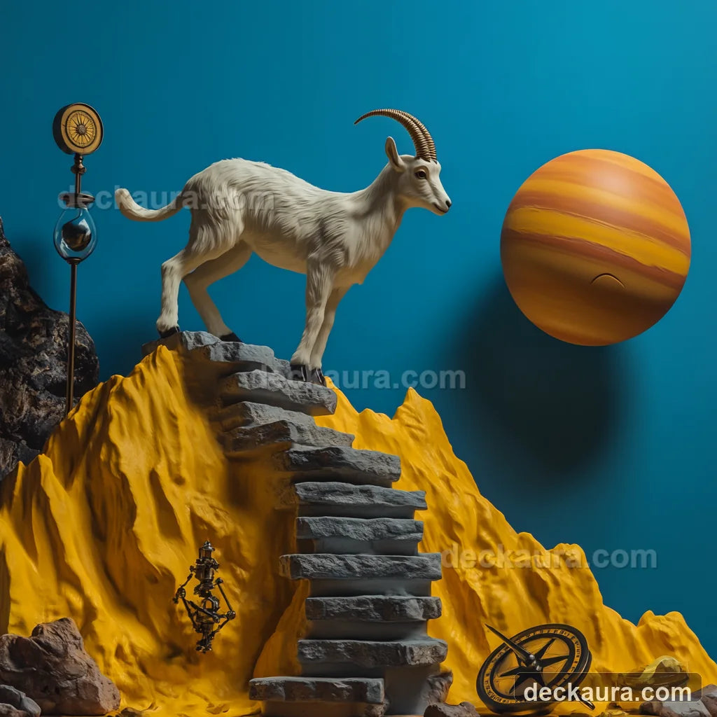 A white mountain goat stands at a golden summit above stone steps, a compass, an hourglass and Saturn