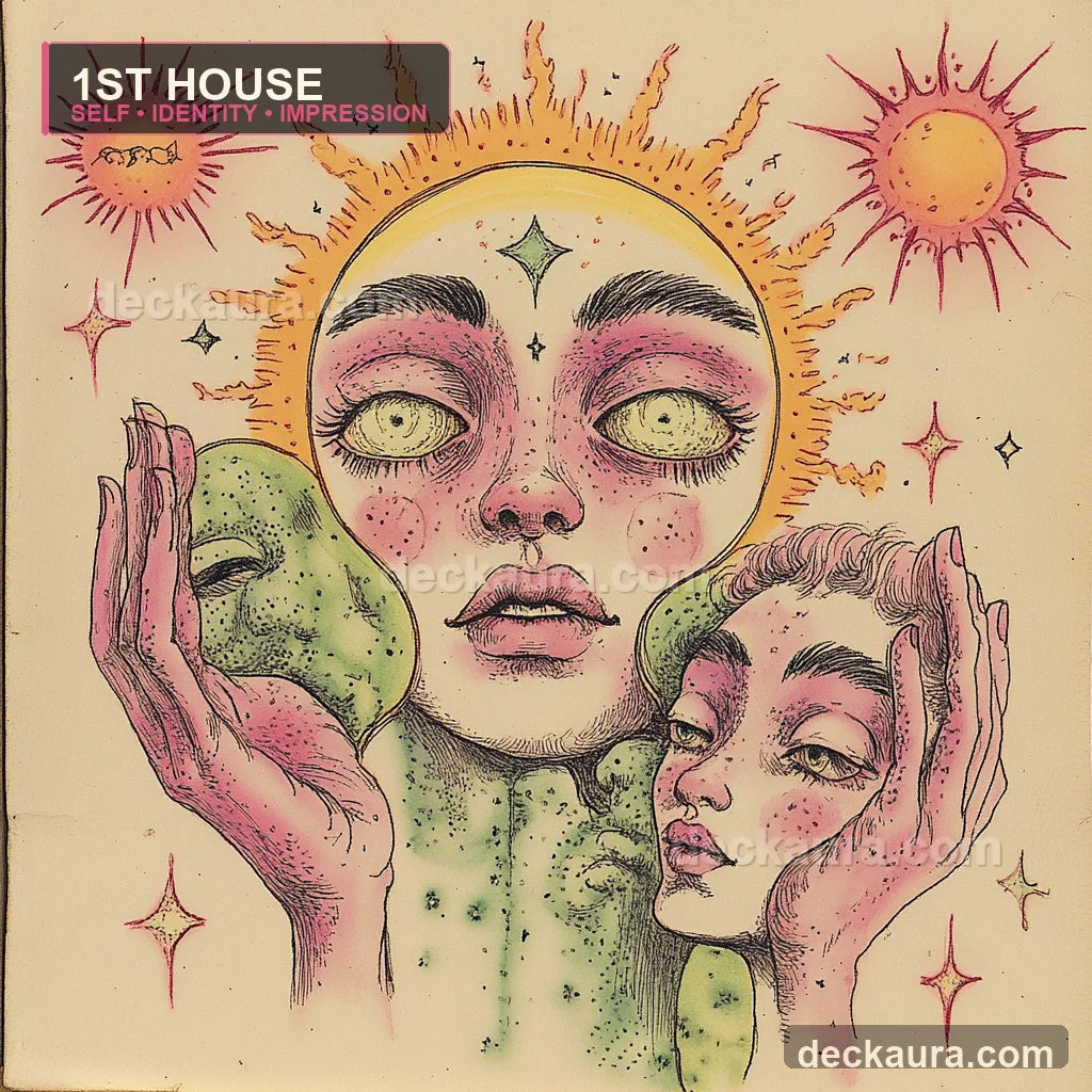 A surreal central face appears between mirrored identities, protective hands and rising solar halos