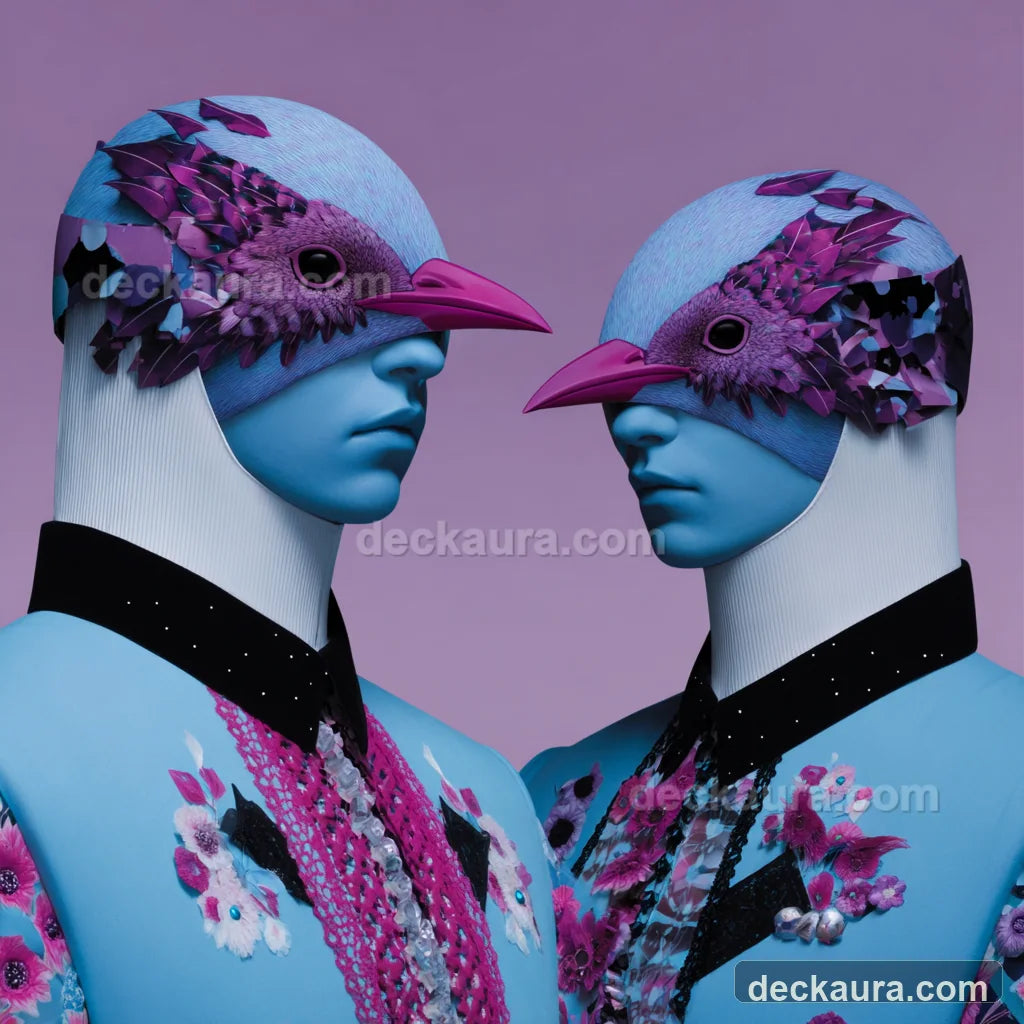 Two blue celestial twins face each other wearing floral bird masks for Gemini in the 12th house
